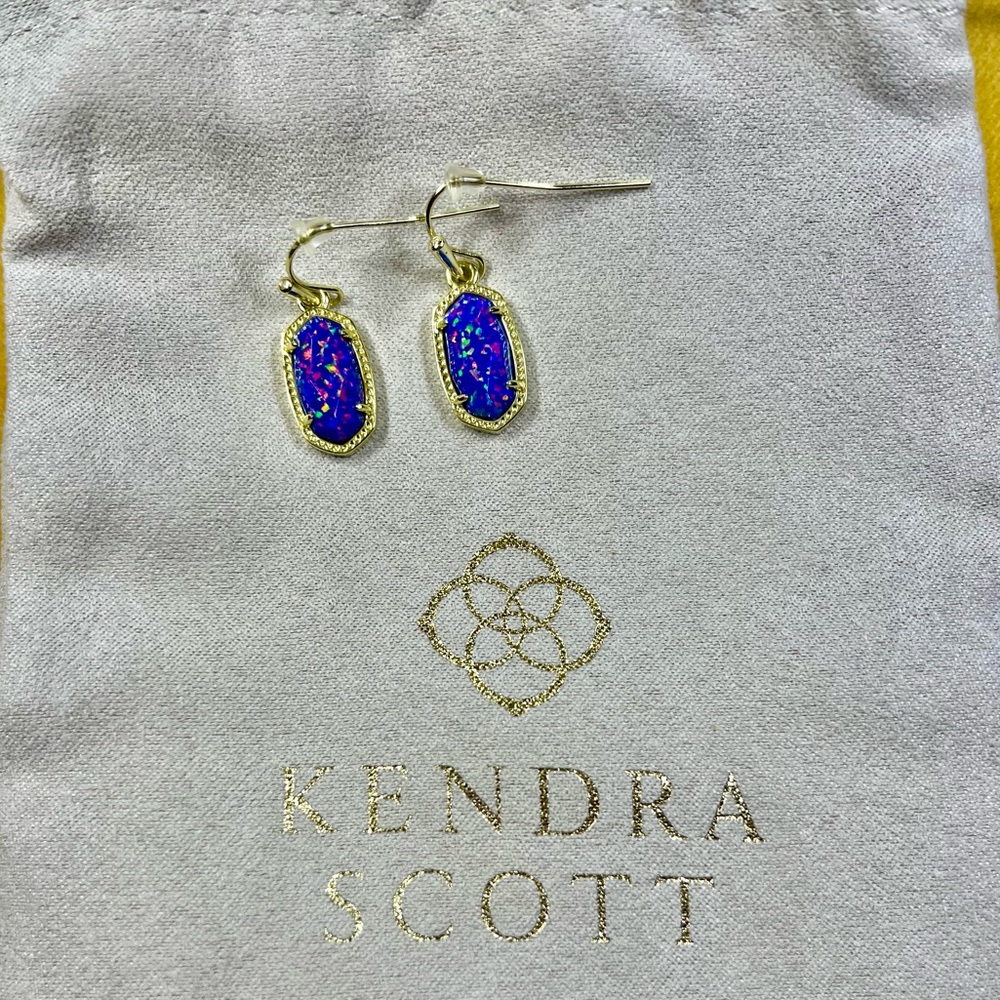 Kendra Scott Lee Gold Drop Earrings in Indigo Kyocera Opal